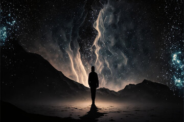 Wall Mural - silhouette of a person standing in front of night sky with galaxy. designed using generative ai.