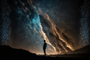 Wall Mural - silhouette of a person standing in front of night sky with galaxy. designed using generative ai.