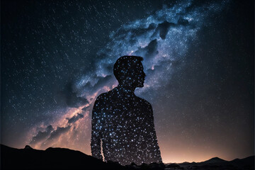 Wall Mural - silhouette of a person standing in front of night sky with galaxy. designed using generative ai.