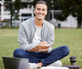 Aufkleber - Study, laptop and student portrait in park writing at university, college or campus for research, planning schedule and scholarship. Happy man relax and learning with technology and notebook for exam
