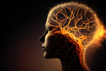 Wall Mural - Human head with glowing neurons in brain. Esoteric and meditation concept. Scientific and philosophic illustration. Creates with Generative AI