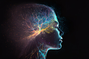 Wall Mural - human head with glowing neurons in brain. esoteric and meditation concept. connection with other wor