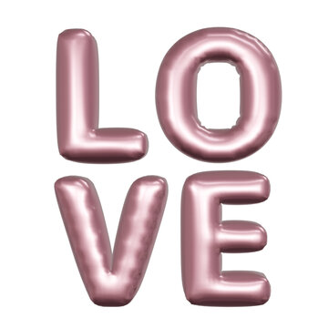 Love letter 3D rendering. Happy valentine's day metallic rose gold foil balloons. Rose gold Helium.
