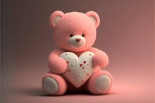 Pink Teddy Bear With White Heart, Valentine's Day, Anniversary,  Romantic Gift, 3d Illustration 