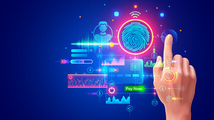 Poster - Authorization with fingerprints in banking app for payment. System of Identify person in internet service. Digital access with biometric data technology. Scanner scanning index finger on hand user.