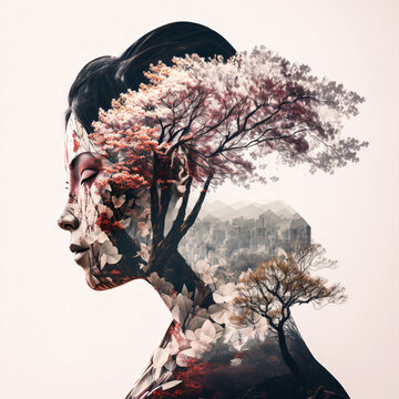 Wall Mural -  - Geisha with floral design and cherry blossom. Designed using generative ai. 