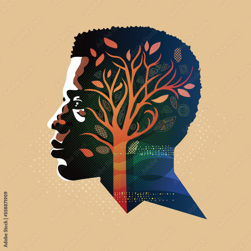 Man in profile looking into distance, inside head tree of life, Black  history month, flat vector poster concept Stock Vector | Adobe Stock, image size:1000x1000