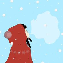 A Winter Postcard With A Little Girl With Pigtails In A Red Hoodie With A Bubon With Steam From Her Mouth On A Background Of Blue Sky And Falling Snow.