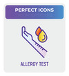 Allergy test thin line icon: dripping allergens on forearm. Skin prick test. Modern vector illustration.