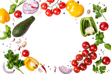 Fresh Variety Vegetables, Spices And Herbs Frame. Place For Text Or Recipe,  Transparent Background