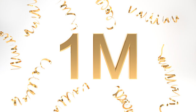 1M followers symbol with confetti 3d rendering. Gold 1M 3d number illustration on white background. Celebration or thank you concept banner.