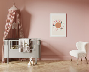 3d Mockup dusty pink nursery interior with a grey cradle lots of toys and a print
