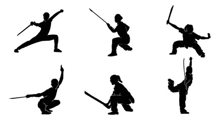 Canvas Print - Set of martial art athlete holds sword vector black silhouette.