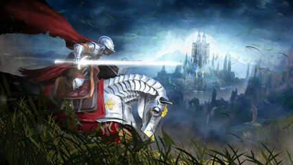 A classic knight in plate armor with a red cloak and a magical shining sword, riding an armored horse on a green windy field against the backdrop of a beautiful epic castle. 2d art