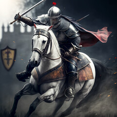 The Knight who attacked with the sword on the horse. White horse. Knight history. Digital painting. 