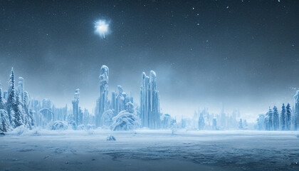 Wall Mural - futuristic city scene covered in snow and ice