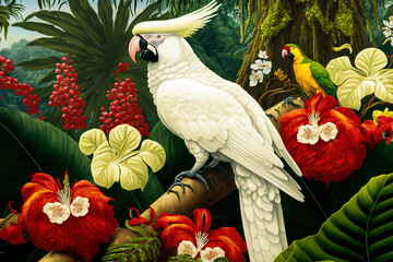 Wall Mural - White cockatoo in exotic jungle full of tropical leaves and large flowers. Amazing tropical floral patten for print, web, greeting cards, wallpapers, wrappers. Digital artwork