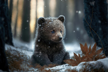 Wall Mural - brown bear cub in the snowy forest. wildlife scene. digital artwork