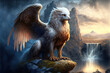 A majestic griffin sitting by the lake, waterfall in the background, Generative AI 