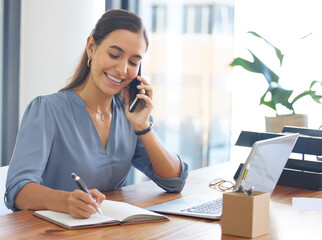 Poster - Phone call, happy or business woman writing in notebook in office planning creative strategy or idea. Smile, success or employee with smartphone for communication, networking or startup discussion