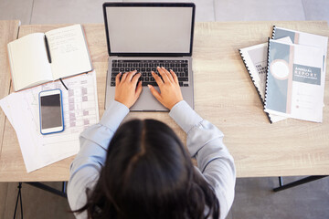 Aufkleber - Top view, laptop and business woman typing email, report or proposal in office workplace mock up. Computer, research and female employee planning sales, advertising or marketing strategy in company.