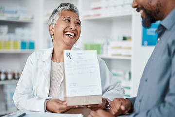 Wall Mural - Medicine, shopping or pharmacist helping a black man with healthcare advice on medical pills or drugs. Consulting, customer or happy senior doctor talking or helping a sick elderly person in pharmacy