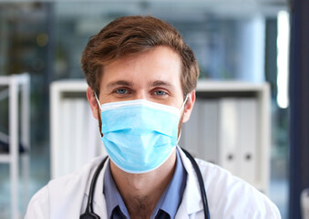 Poster - Portrait, man and doctor with covid face mask in hospital for medical safety, healthcare risk and clinic analysis in Australia. Face, male surgeon and corona virus expert, ppe compliance and medicine