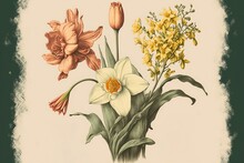 Retro Style Botanical Illustration Of Daffodils And Flovers