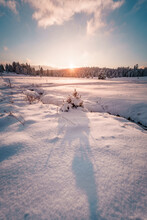 Snowy Landscape Long Exposure Photo View Romantic Sunset At Winter