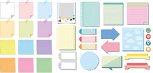 Note Paper With Pin, Binder Clip, Push Pin, Adhesive Tape And Tack. Blank Sheet, Sticky Note, Torn Piece Of Paper And Notebook Page. Templates For A Note Message. Vector Illustration.
