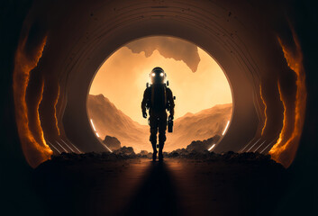 Wall Mural - an astronaut space explorer walking through a tunnel towards outer space. generative ai