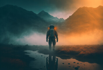 Wall Mural - a spaceman walking through a misty distant planet landscape. generative ai