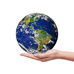 Wall Mural - Save the planet earth concept. A woman's hand holding the earth isolated on white background. Earth day conceptual image. Elements of this image furnished by NASA.