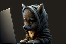 Anthropomorphic Tiny Cute And Adorable Baby Wolf, Hacker, Wearing A Hoodie, Dim Light Shining On Face, Seated At A Computer Desk