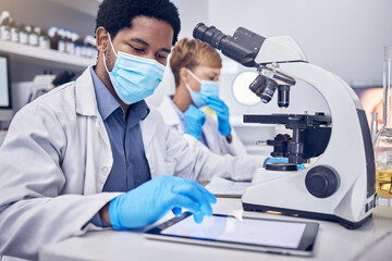 Poster - Science, covid and black man in laboratory with microscope and face mask, search and motivation in vaccine development. Healthcare, scientist man or pharmacist with innovation in lab research.