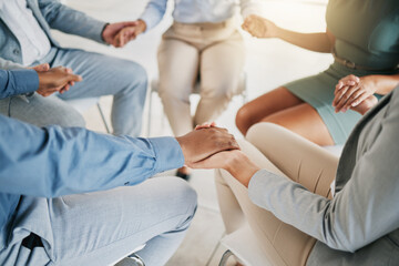 Poster - Business people, team building and support holding hands for trust at corporate company. Solidarity, cooperation and collaboration of office employees with respect, care and compassion.