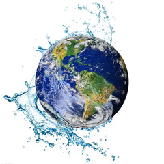 Wall Mural - Earth with water drops. Water scarcity concept on earth isolated on white background. Water recycling in the world. Elements of this image furnished by NASA.
