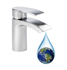 Wall Mural - Lack of water on earth concept. Earth in a drop of water dripping from the faucet. Elements of this image furnished by NASA.