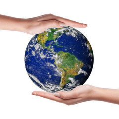 Wall Mural - Earth in hands. Two hands holding the world isolated on white background. Save the planet earth concept. Earth day conceptual image. Elements of this image furnished by NASA.