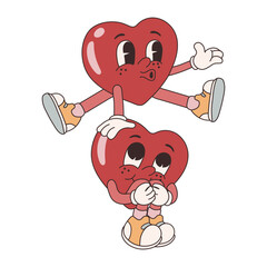 Wall Mural - Groovy lovely  stickers heart character playing leapfrog. Love concept. Happy Valentines day. Funky happy heart character in trendy retro 60s 70s cartoon style. Vector illustration in pink red colors