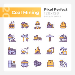 Wall Mural - Coal mining pixel perfect RGB color icons set. Personal protective equipment. Heavy industry. Fossil fuel. Isolated vector illustrations. Simple filled line drawings collection. Editable stroke