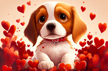 Cute Little Dog With Lots Of Hearts Around. Postproducted Generative AI Digital Illustration.