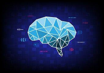 Poster - Abstract Background Technology blue polygonal brain with digital grid below and symbols with elements. The background is a bright blue gradient in the middle.