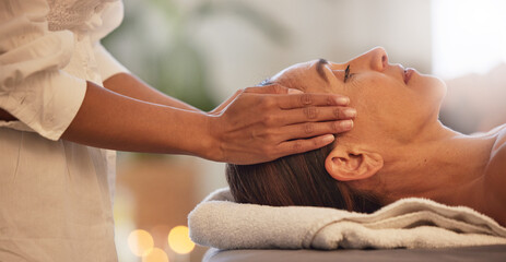 Poster - Woman, relax and hands for scalp massage in salon beauty spa for skincare wellness, stress relief and zen body care. Healing therapy, therapist and physical therapy, head or luxury facial dermatology