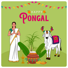 Wall Mural - Happy Pongal wishing post. Harvest Festival of Tamil Nadu South India, easy to edit vector.