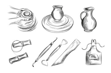 Hand-drawn sketch set of pottery, and ceramics tools. Pottery jug, hands doing pottery vector illustration 