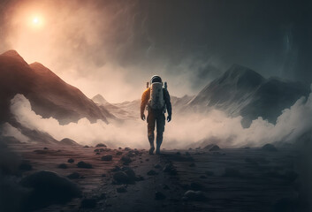 Wall Mural - a spaceman walking through a misty distant planet landscape. generative ai