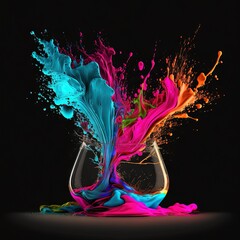 Poster - a glass filled with liquid and colored paint on a black background with a splash of color in the glass and the liquid is in the glass with the liquid and the splashing out of the glass.