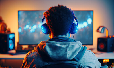 Man playing video games in a futuristic interior. Back view of a gamer sitting in front of a monitor. Colorful blue and orange lights. Generative ai