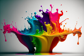 Exploding liquid paint in rainbow colors with splashes